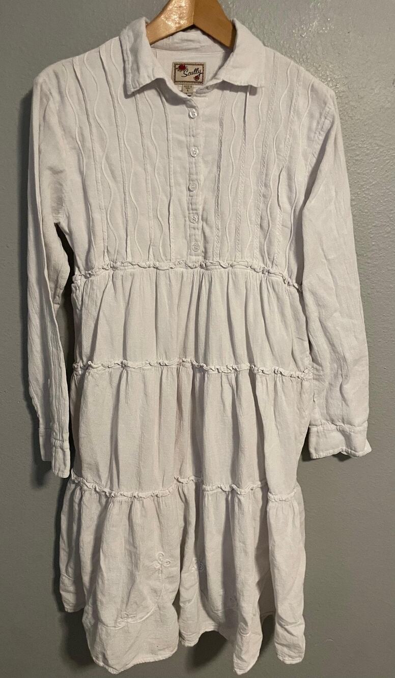 Scully Womens Midi Dress Large White Cotton Embroidered Tiered Boho Western